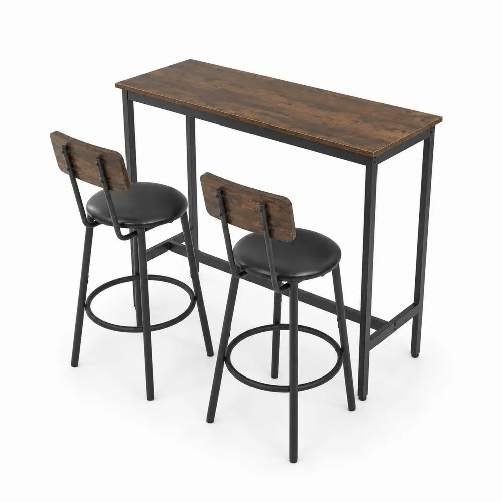 Holz-Metall-Bartisch-Set mit 2 Hockern, Braun/Schwarz