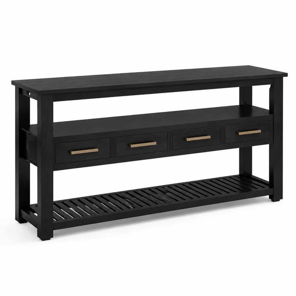 Konsolentisch Schwarzes Kiefernholz mit Regalen und Schubladen 130x35x80 cm
