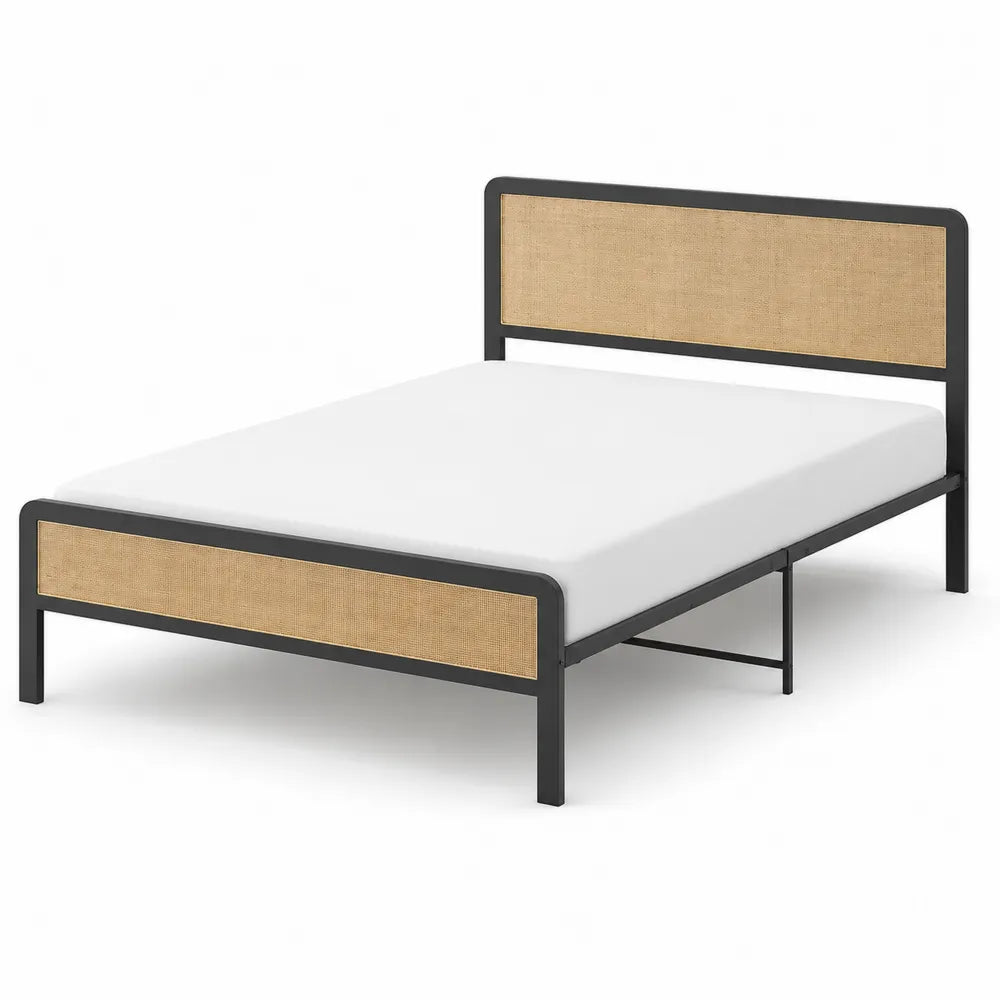 Metallbett mit Rattanakzent Schwarz/Braun 200x150x90 cm